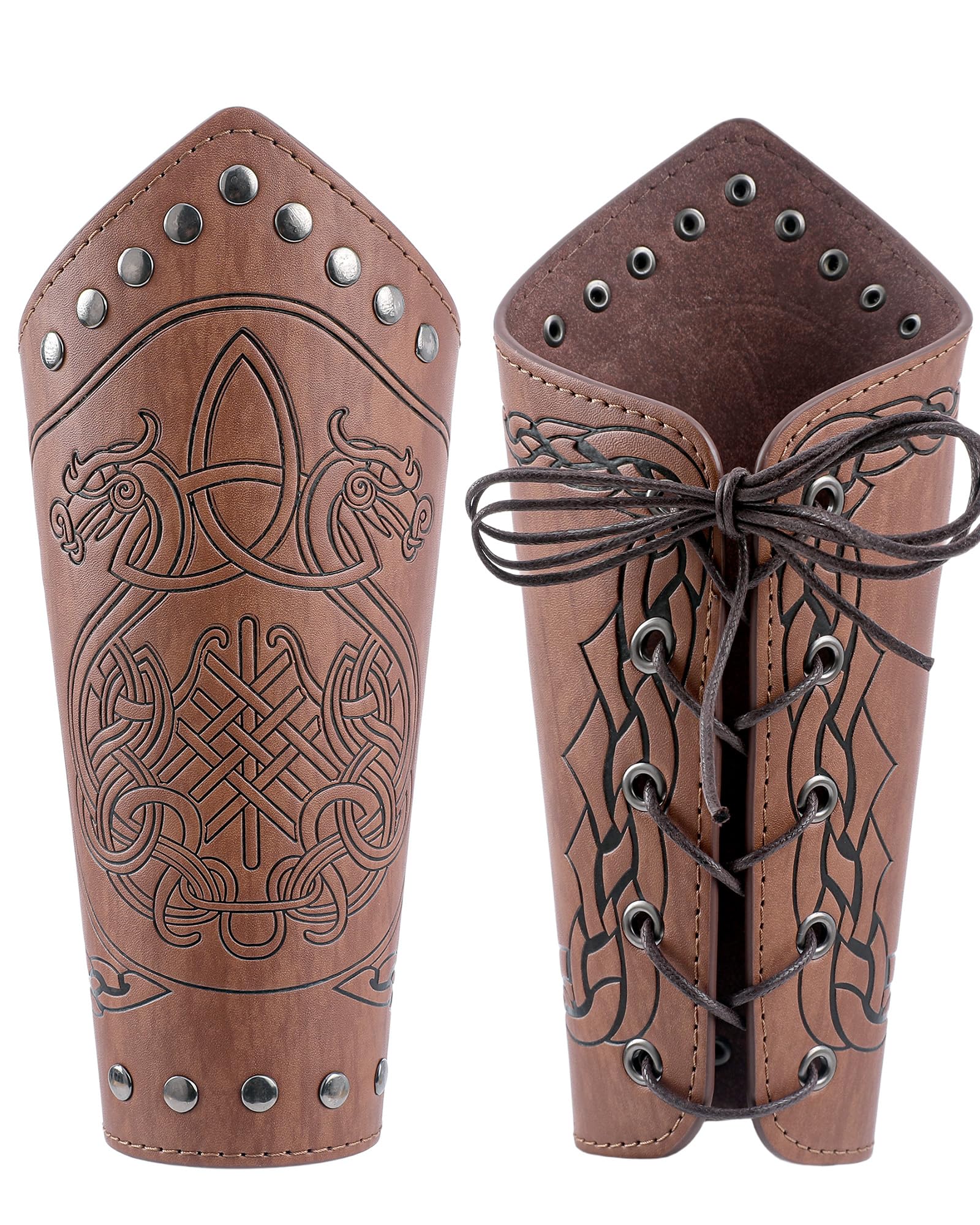 CoTeeZa Medieval Viking Leather Bracers Dragon Ship Embossed Arm Guards | Pair O