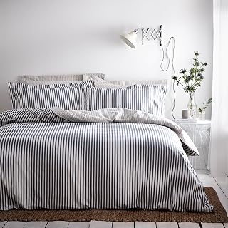 furn. Yard Hebden Cotone A Righe Mélange Set Copripiumino – Biancheria Da Letto Reversibile Ultra Morbida A Righe (Blu/Grigio – Super King – 260x220cm)