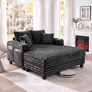 Amsleekey 64" Oversized Chaise Lounge Chair with Wood Frame, 2 Cup Holders | 4 Storage Pockets, Plush Corduroy Fabric, Upholstered Sofa Bed for Living Room, Movie Room, Bedroom, Grey
