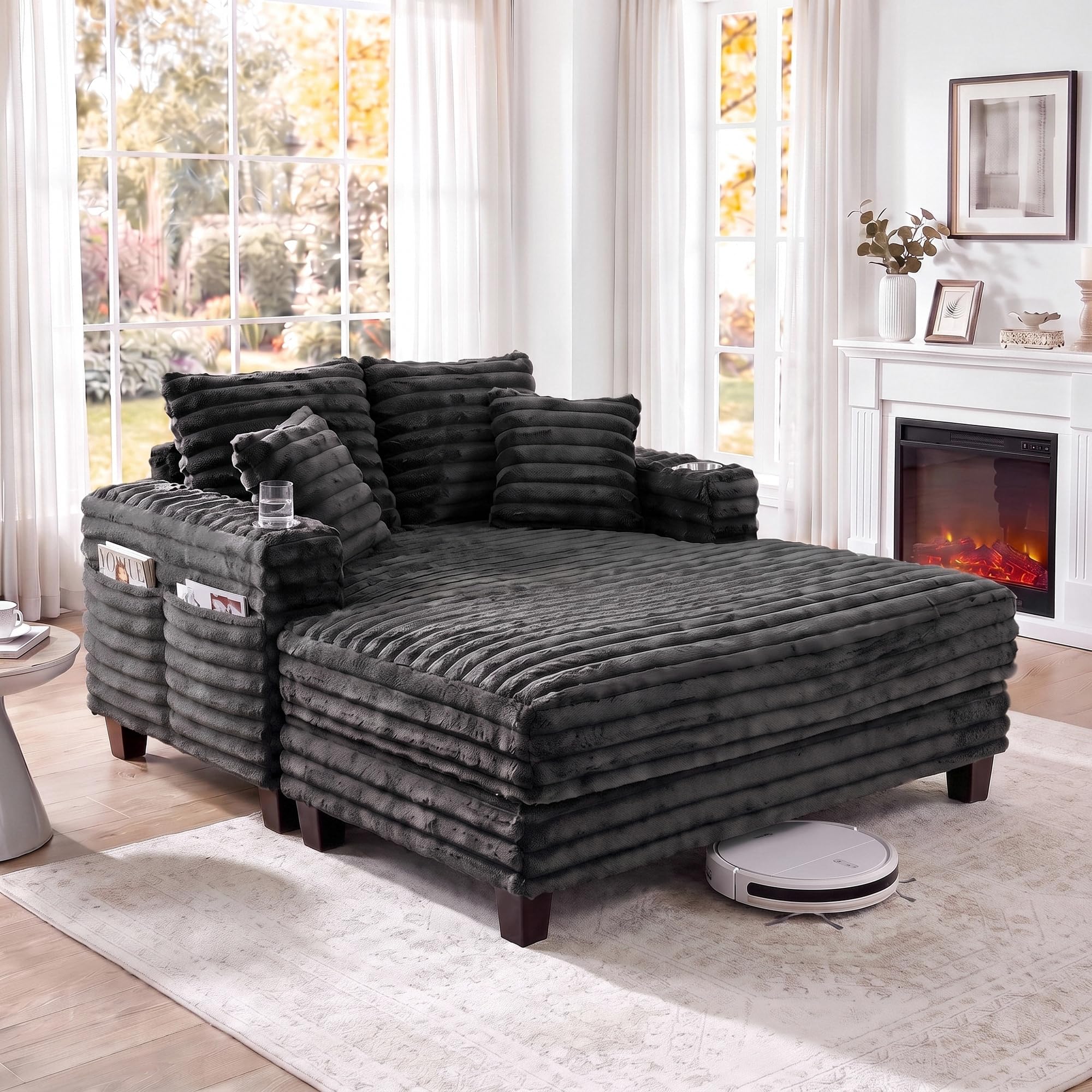 Amsleekey 64" Oversized Chaise Lounge Chair with Wood Frame, 2 Cup Holders | 4 S