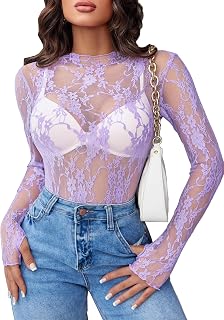Avidlove Women Mesh Long Sleeve High Neck Transparent Lace Floral Blouse