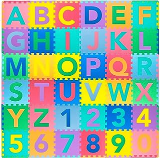 ProSource Kids Foam Puzzle Play Mat with Alphabet, Numbers, Shapes & Colors, 36 Tiles and Edges, 12"x12"