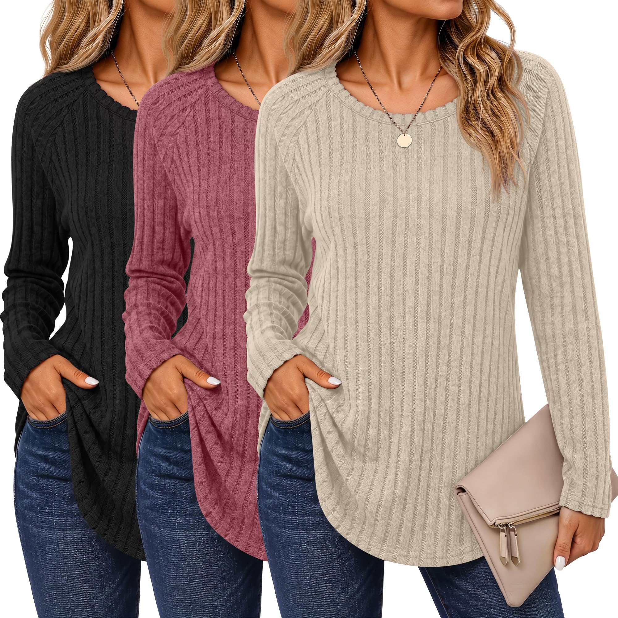 Ficerd 3 Pack Women's Sweaters Long Sleeve Shirts Fall Tunics