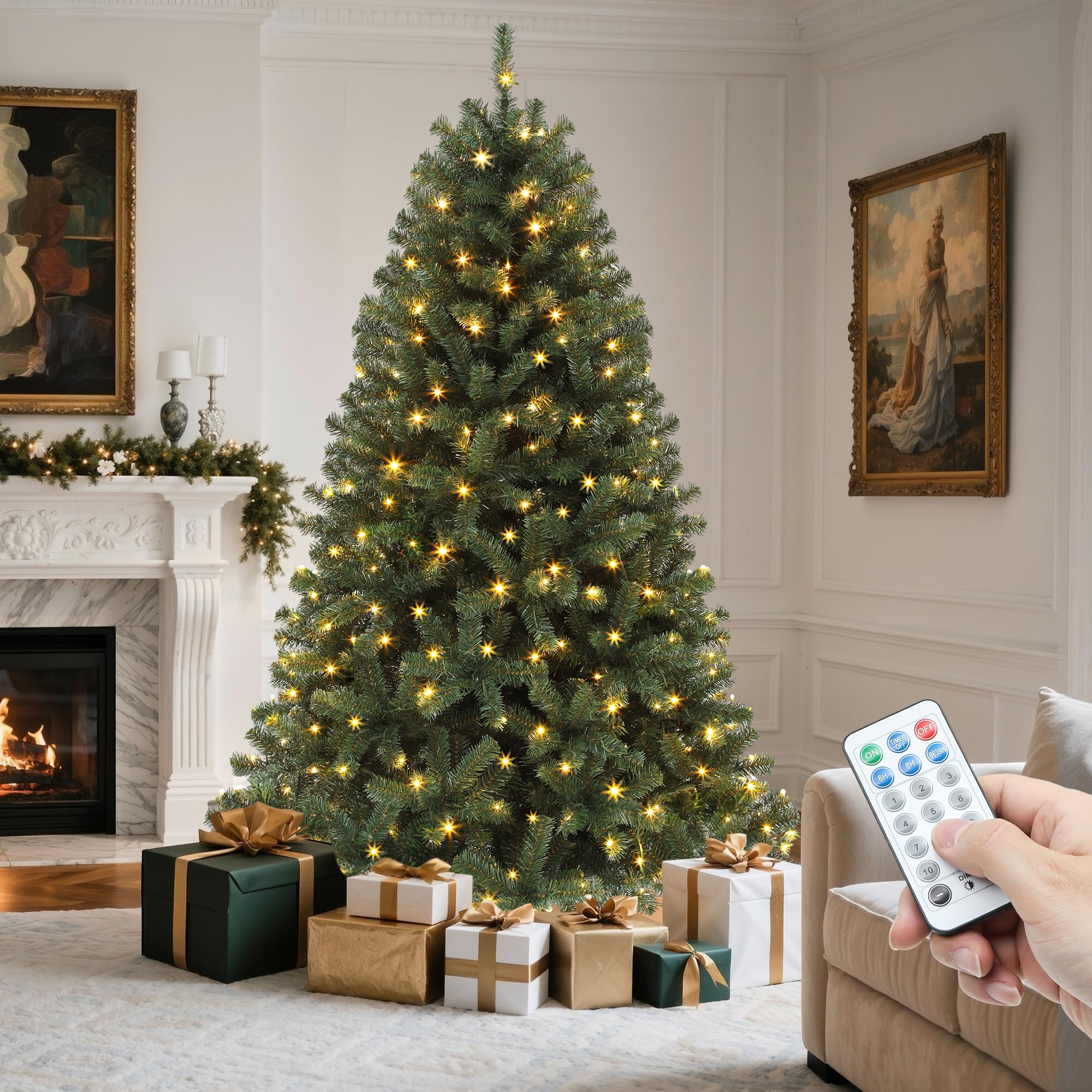 YITAHOME 6ft Prelit Green Artificial Hinged Christmas Tree with Remote | Prelit 