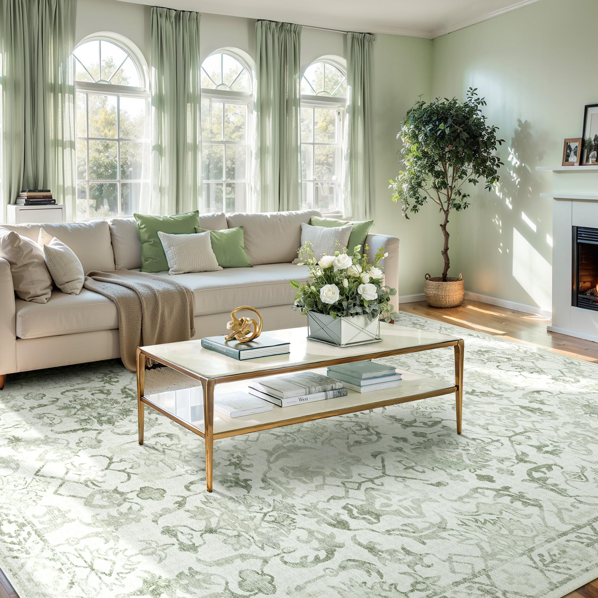 Sage Rugs 8x10 for Living Room Soft Non-Slip, Deerly Large Vintage Floral Area R