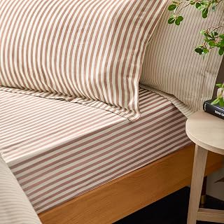 Yard Hebden Midi Stripe Fitted Sheet - Ultra Soft 100% Cotton Striped Fitted Sheet (Pecan - King UK Standard - 150x200x32cm)