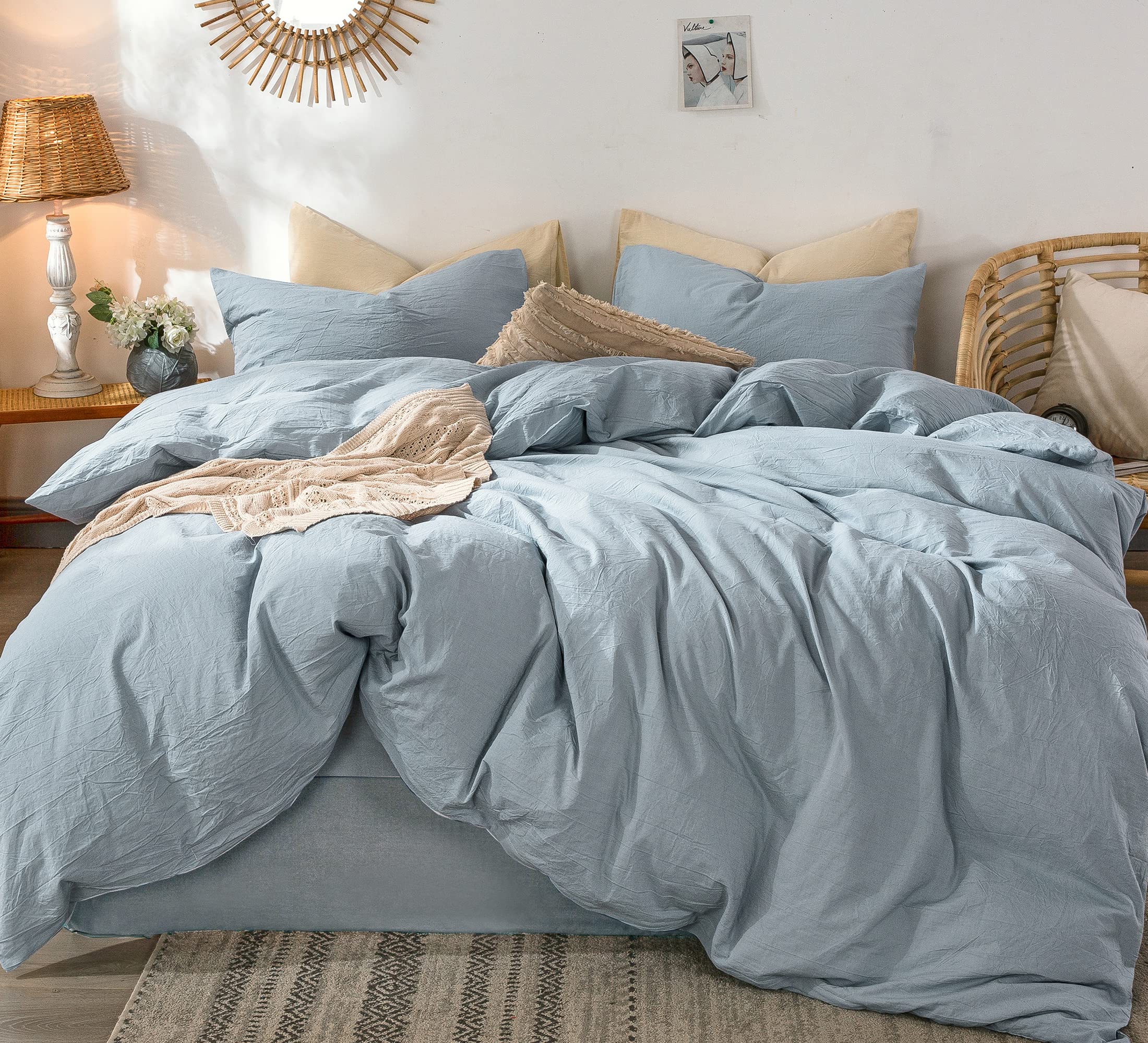 MooMee Duvet Cover Set 100% Washed Cotton Linen Like Twin