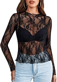 Avidlove Women Mesh Blouse Long Sleeve Mock Neck Sheer Floral Lace