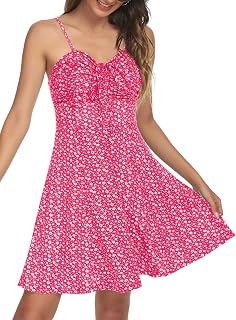 Missufe Women's Casual Ruched Front Drawstring Swing Sundress Spaghetti Strap Floral Mini Dress