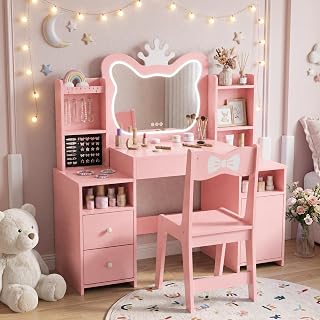 Jojoka Kids Vanity Set with Cat Mirror, Princess Table & Chair, 3-12,Pink | Wooden Makeup Dressing Table with Storage Drawers & Cabinet, Safe Rounded Edges, 3-in-1 Toddler Girls Vanity