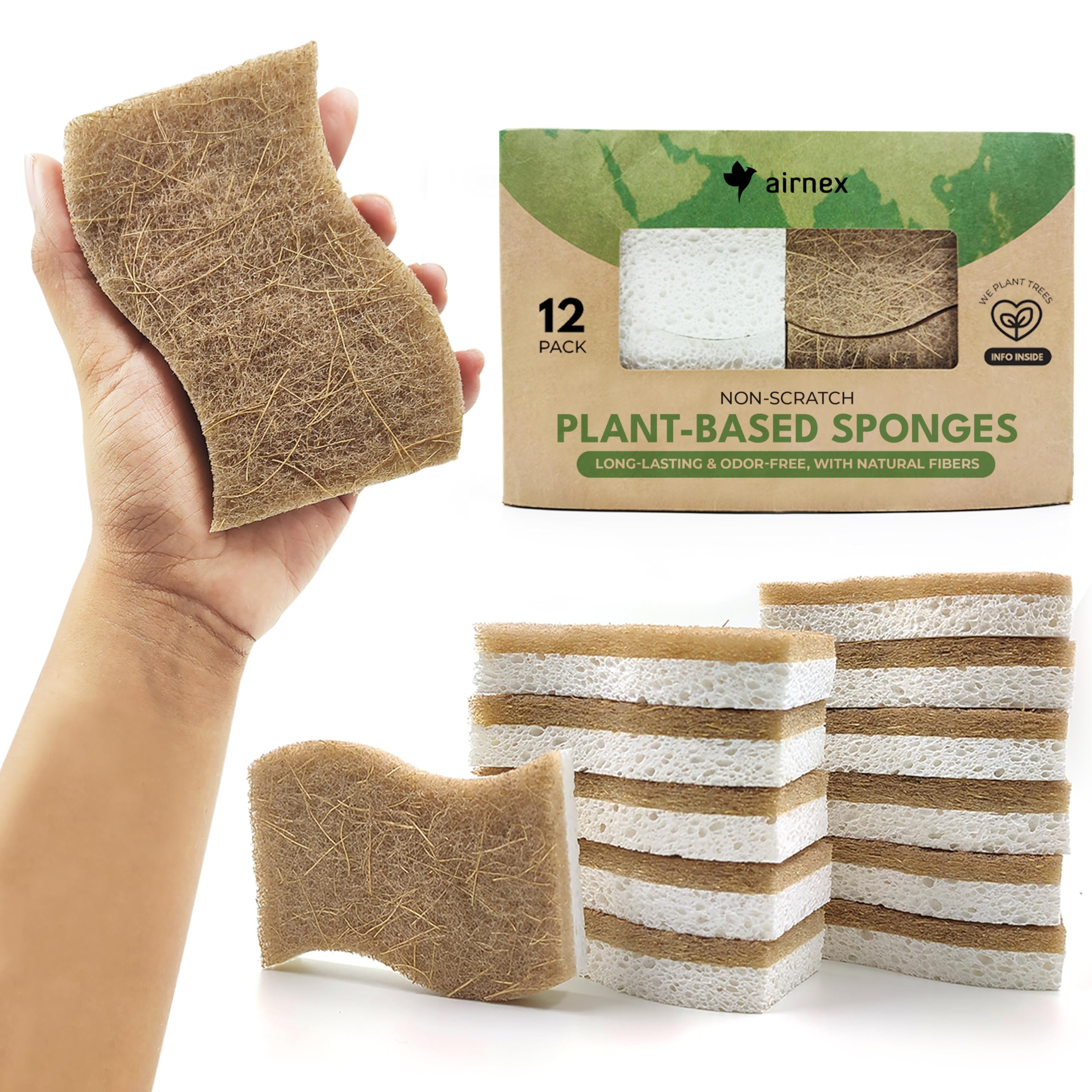 AIRNEX Natural Kitchen Sponges (12 Pack) - Plant-Based Cellulose & Coconut Scrub