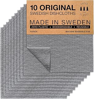 SUPERSCANDI 10 Pack Swedish Dish Cloths for Kitchen - 100% Biodegradable & Compostable | Washable Kitchen Cloths, Food-Safe & Without Plastic - Reusable Paper Towel for Any Surface | Grey