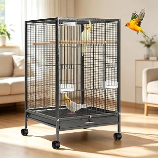 VIVOHOME Wrought Iron Bird Cage with Rolling Stand, 30 Inch Height | Standing Bird Flight Cage with Casters, Slide-out Tray for Parakeets Cockatiels Lovebirds Canaries Finches Conures, Black