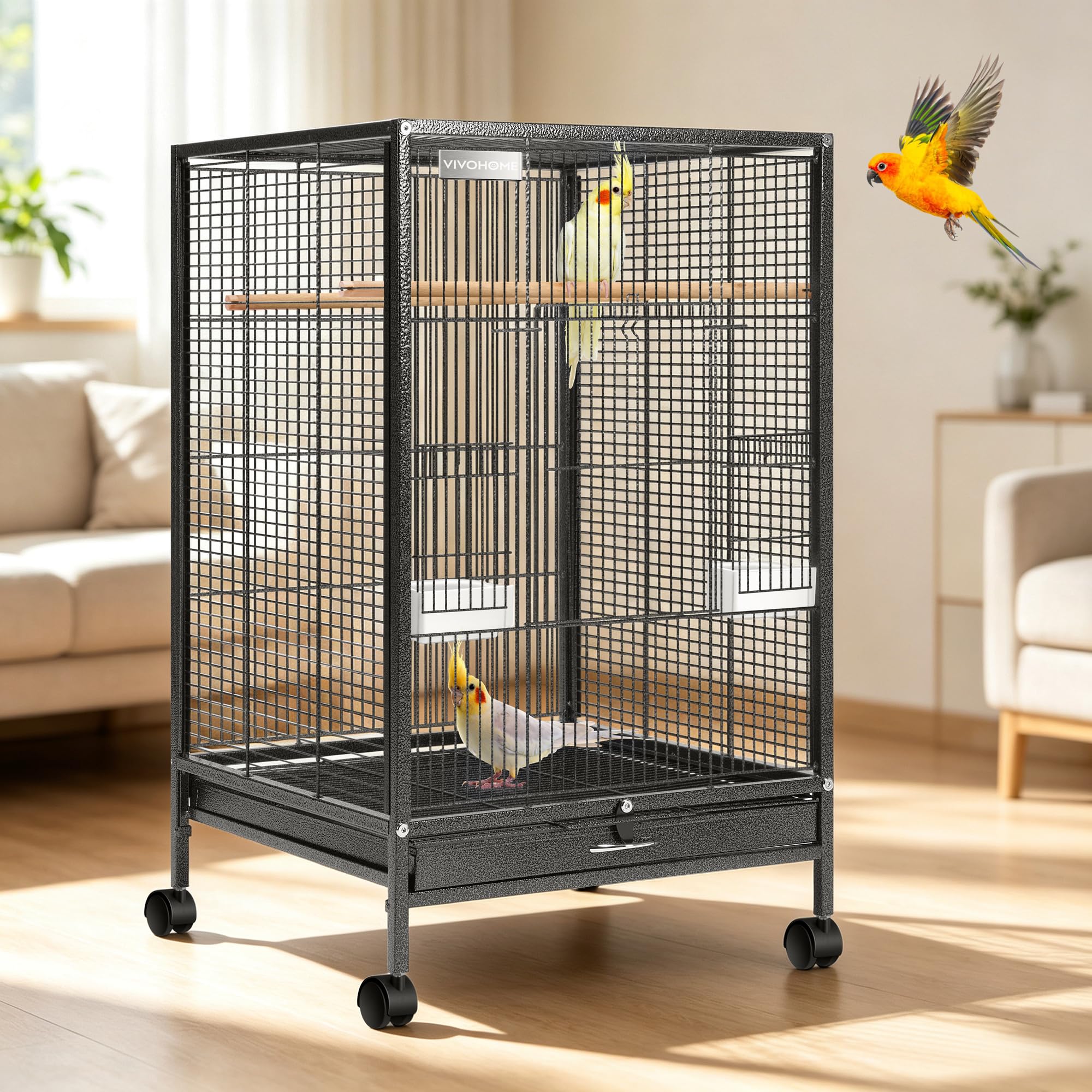 VIVOHOME Wrought Iron Bird Cage with Rolling Stand, 30 Inch Height | Standing Bi