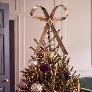 Retisee 9.84 Inch Brass Bow Christmas Tree Topper, Metal Christmas Decor | Rustic Neutral Bow Design, Indoor Outdoor Decor, Vintage Metal Adds Elegant Touch, Fits Artificial Real Trees, Seasonal Use