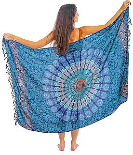 Boho Mandala Pareo Sarong Bikini Cover Up with Tassels – Super Soft Lightweight Cotton, Large Indian Peacock Print