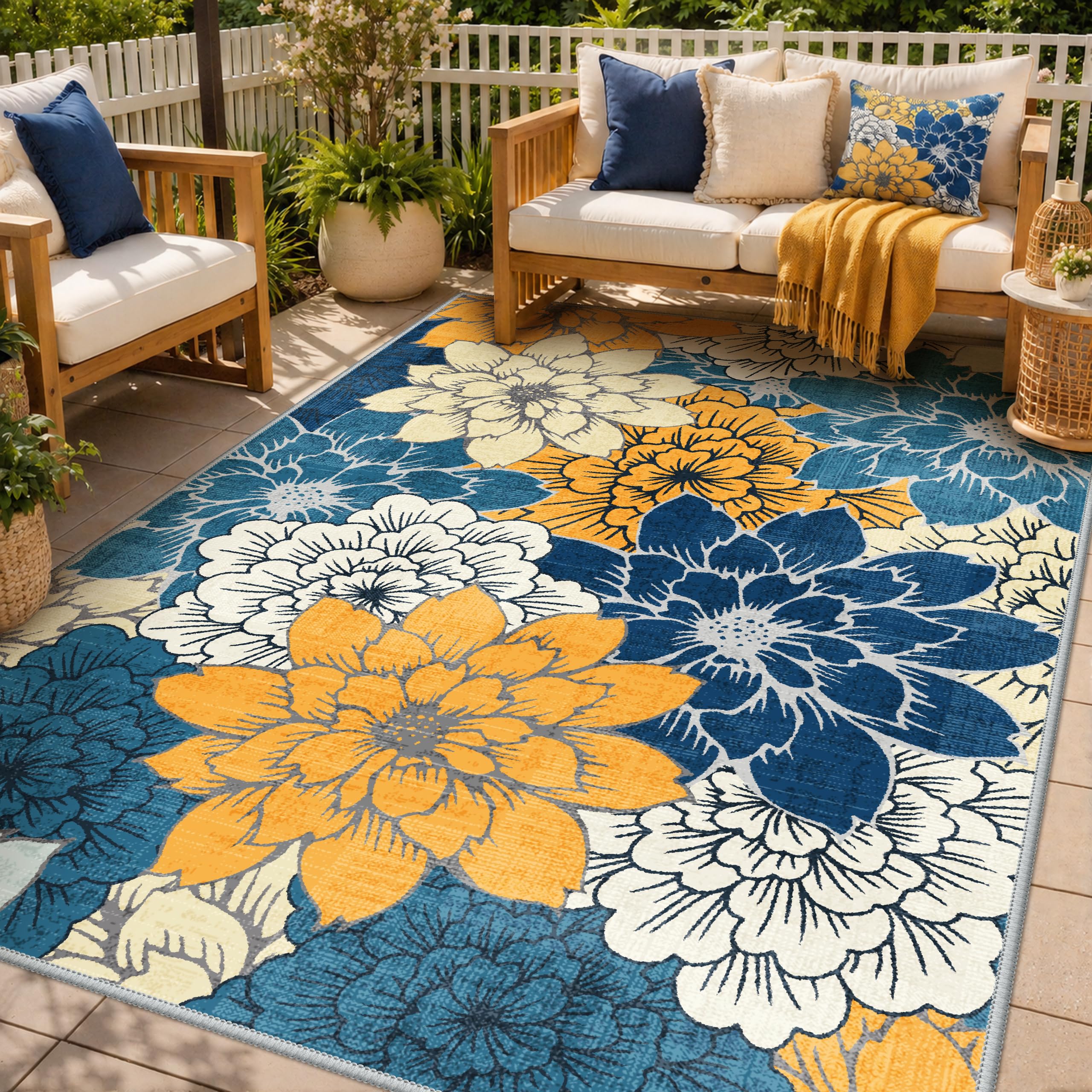 GENIMO 5x8 Outdoor Rug, Washable for Patio and Deck, Blue | Floral design for po