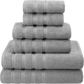 American Soft Linen 100% Carde Cotton 6 Piece Towel Set, 590 GSM Heavy Weight Soft Absorbent Turkish Towels for Bathroom, Cool Grey