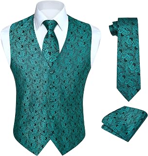 HISDERN Mens Vest Tie Set 3PC Formal Waistcoat Paisley Floral Jacquard Necktie Pocket Square Suit Vests Wedding Party