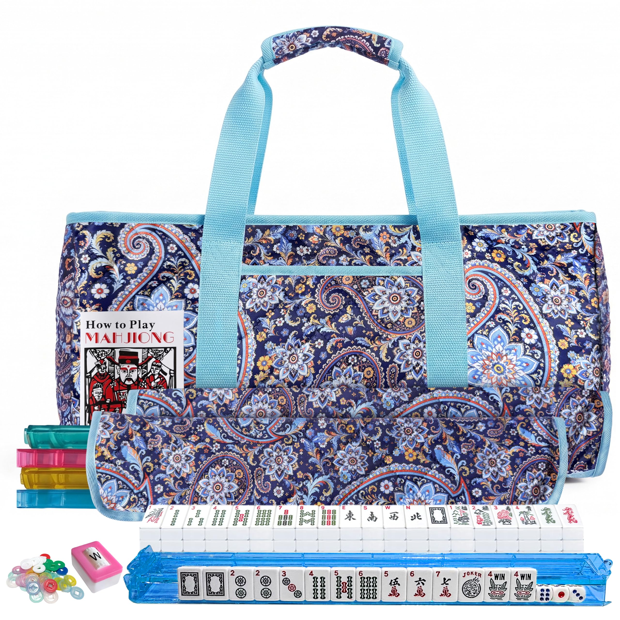 American Mahjong Set with Carrying Bag, 166 Engraved White Tiles, 4 All-in-One R