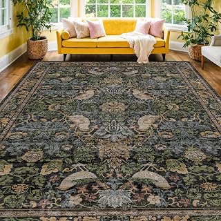 Dark Living Room Rug 8x10 - Large Washable Floral Area Rugs for Dining Room Under Table, Bedroom, Office, Birds and Leaves Nature Design, Non-Slip Low Pile (Dark Green/Brown)