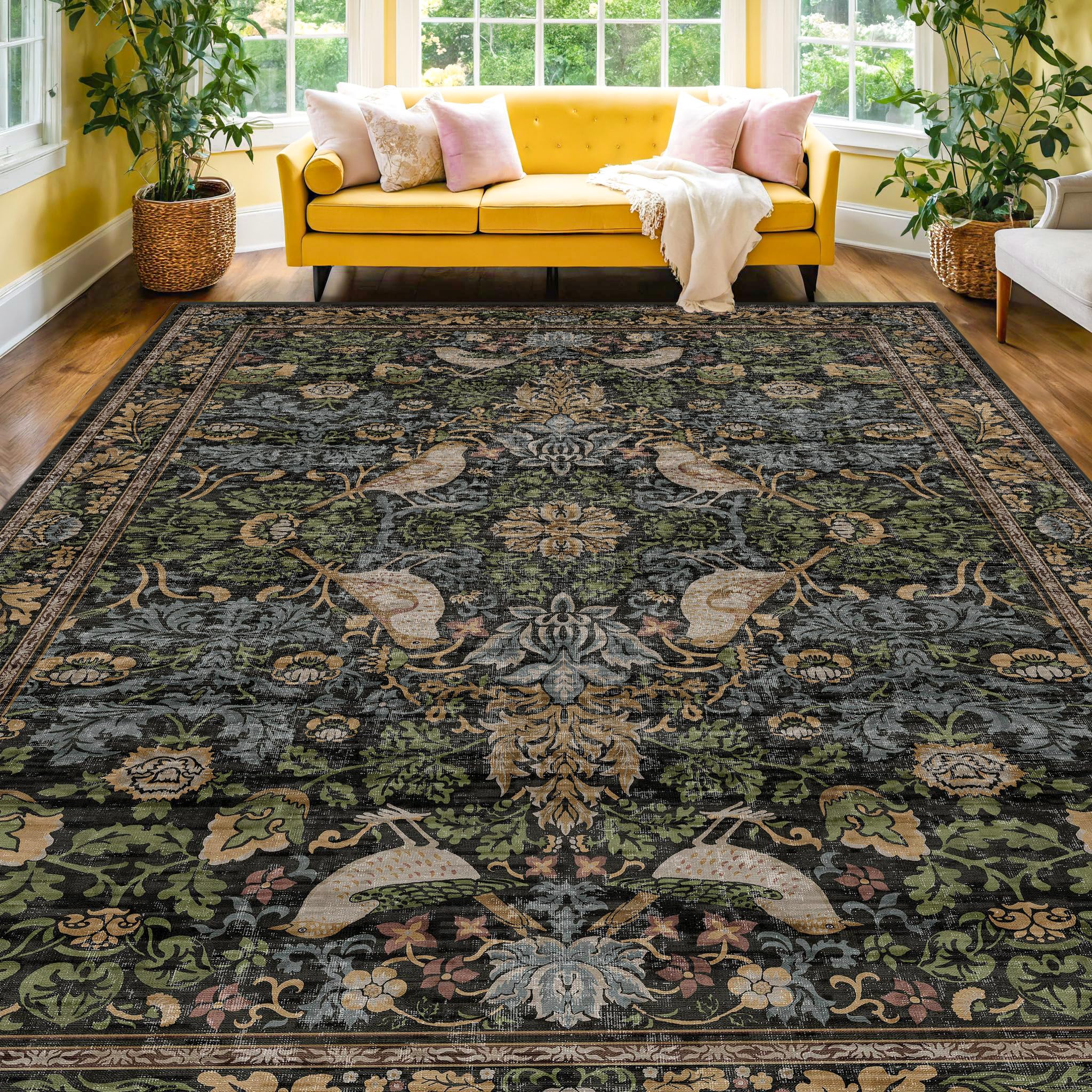 Dark Living Room Rug 8x10 - Large Washable Floral Area Rugs for Dining Room Unde