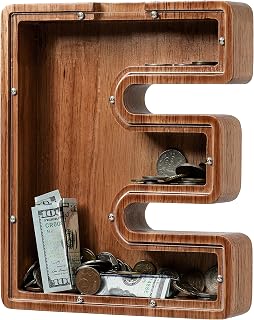 Piggy Bank for Kids Boys Girls, Wooden Large Letter Piggy Bank Alphabet Money Bank with Initial E, Coin Bank Fun Gifts for Birthday, Christmas, Festival, Baby Shower