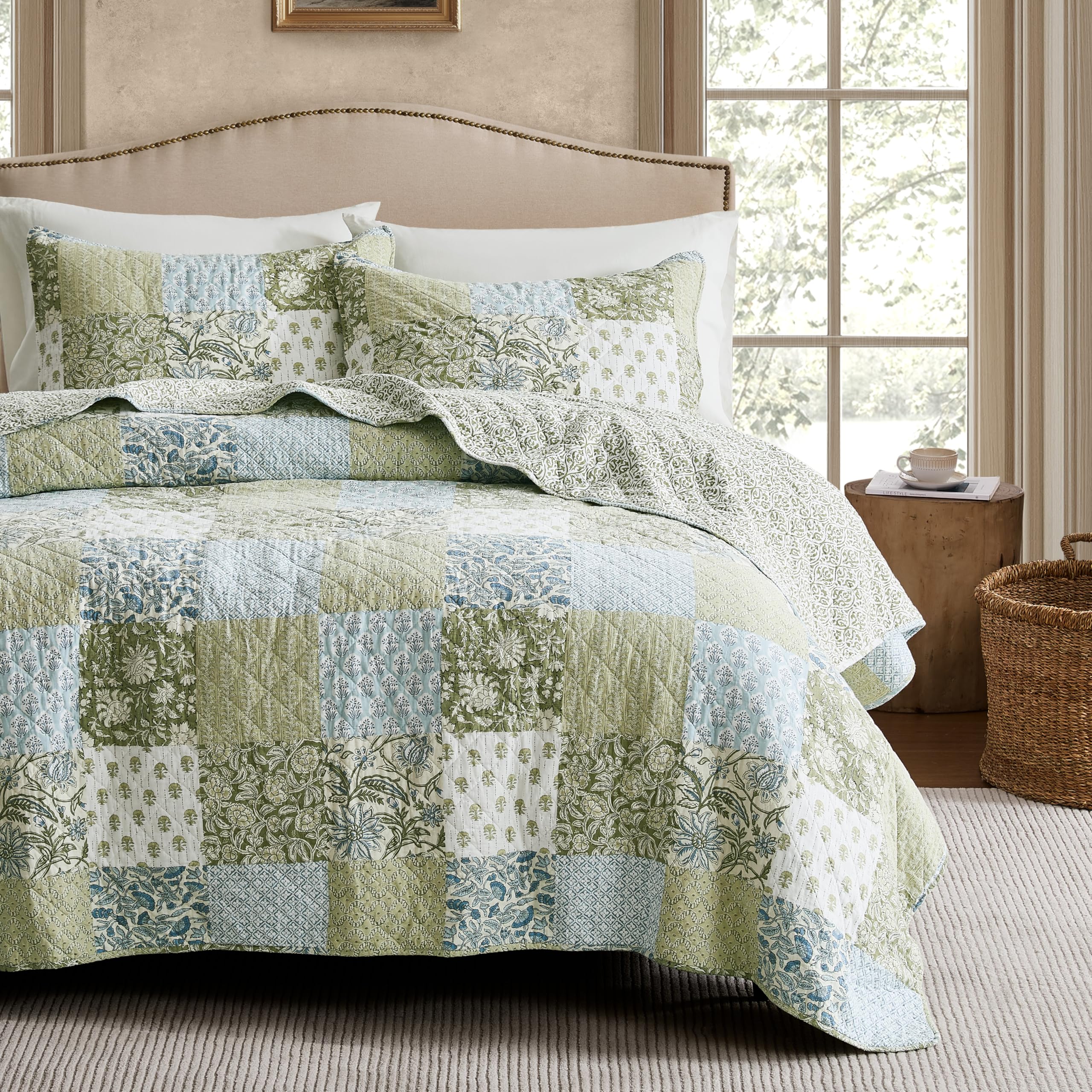 WDCOZY 100% Cotton Reversible Patchwork Quilt Queen Size, Lightweight Farmhouse 