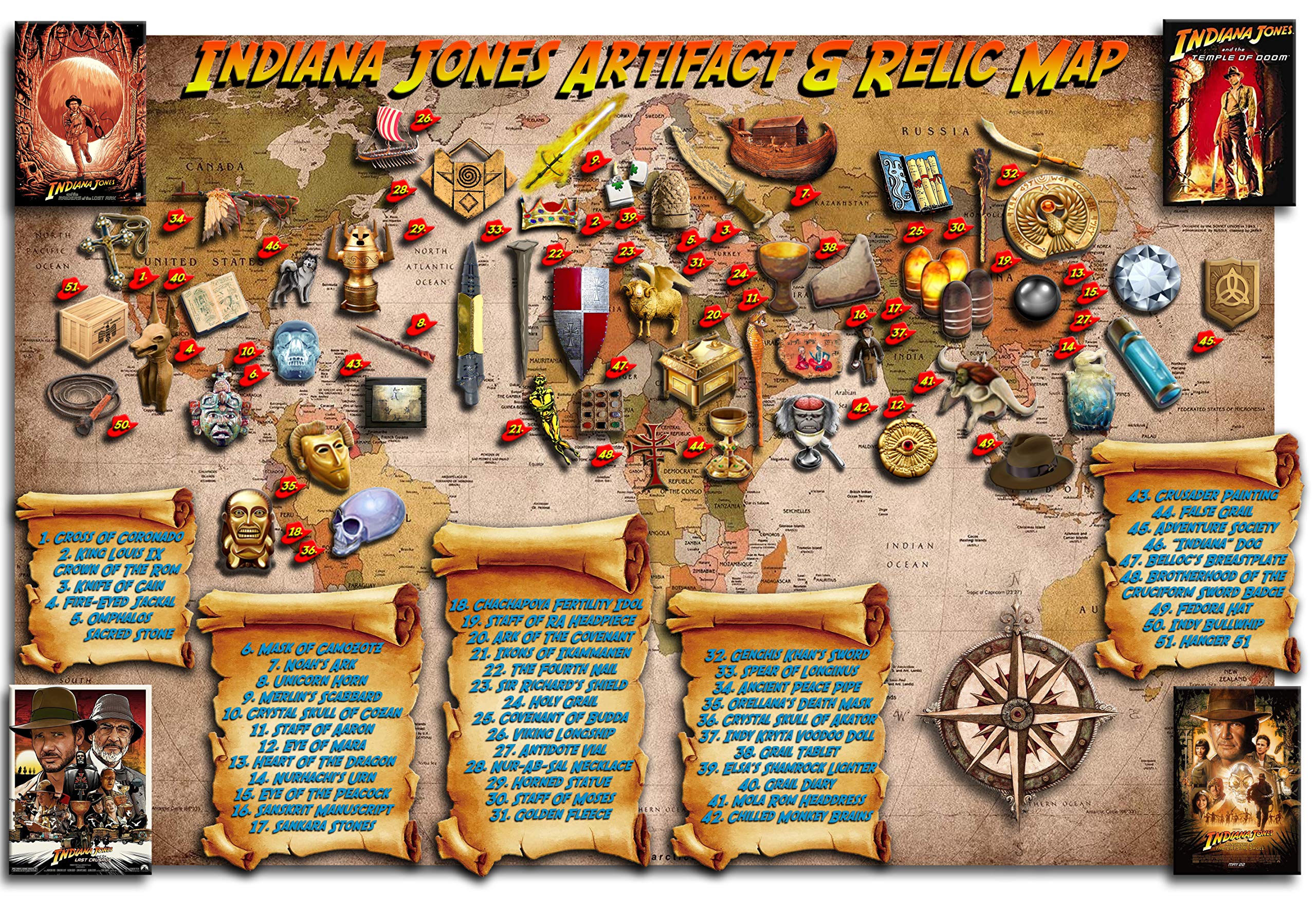 Indiana Jones Artifact and Relic Map & Book, Full Color Plus Two Free Related Ma