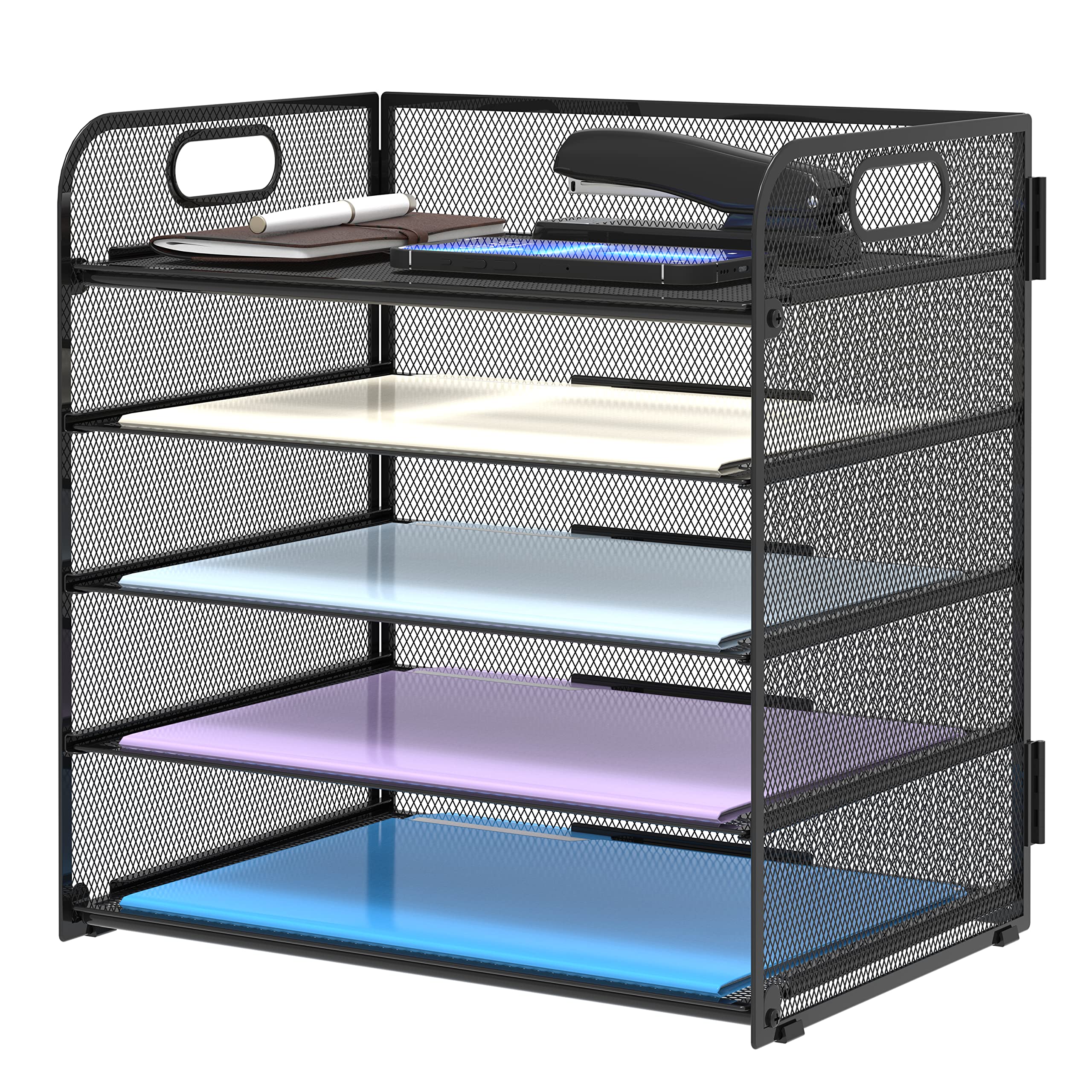 Supeasy 5 Trays Paper Organizer Letter Tray with Handle-Mesh Desk File Holders, 