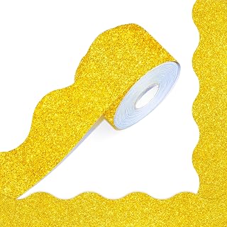 60 Feet Bulletin Board Borders, Golden Glitter Rolled Border Trim Scalloped Board Border with Wavy Line Design Decoration for School, Classroom & Office
