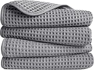 POLYTE Microfibre Lint Free Hand Towel, 40 x 76 cm, 4 Pack (Grey, Waffle Weave)